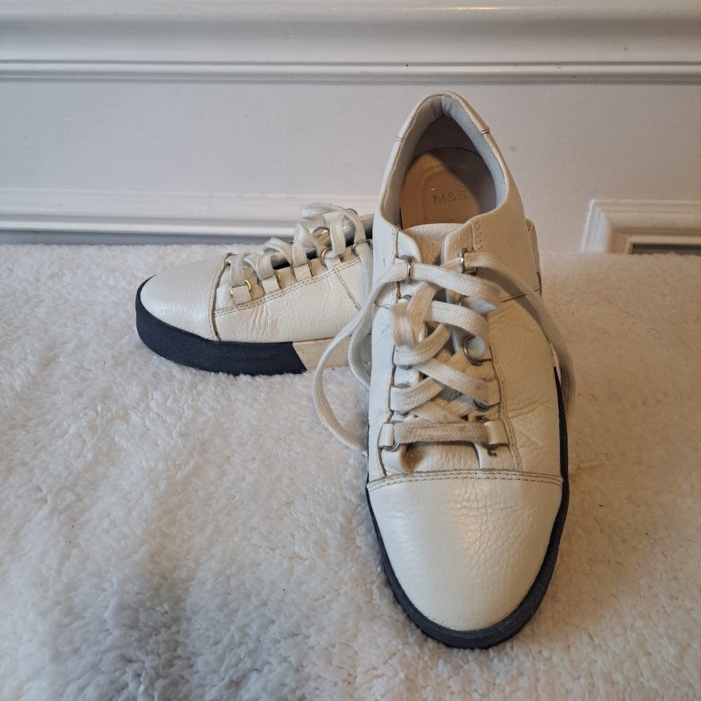 M&S London Genuine Leather Women's White Genuine Leather Lace-Up Slip-On Sneaker